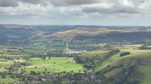 Castleton from a drone, Hope Valley, Peak District National Park, Derbyshire, High Peak, England, UK