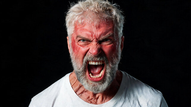 Angry mature man with gray beard shouting on black background. Close-up of furious flushed face. Rage, frustration and aggression concept. Human emotion expression. Studio portrait.