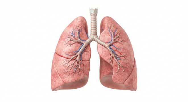 Detailed 3D anatomical model of human lungs showing bronchial tree and pulmonary blood vessels