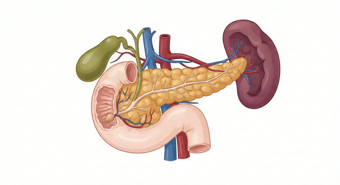 Anatomical illustration of the human pancreas with gallbladder, spleen, and digestive vessels