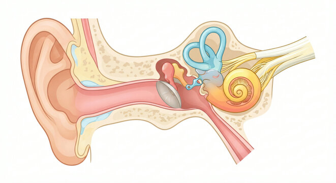 Anatomical cross section illustration of the human ear showing internal structures and anatomy