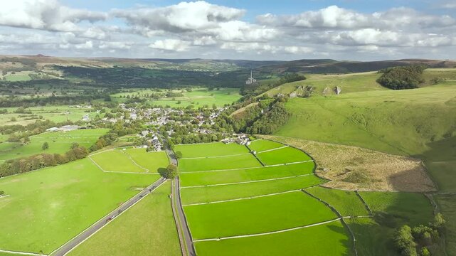 Castleton from a drone, Hope Valley, Peak District National Park, Derbyshire, High Peak, England, UK