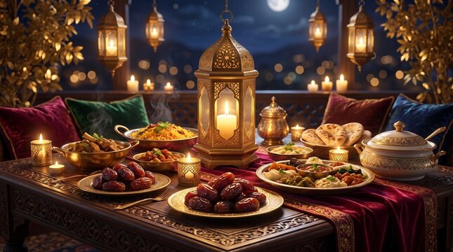 A festive ramadan iftar table set with traditional foods, dates, lanterns, and candles under a moonlit night sky