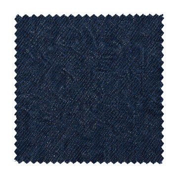 Square swatch of dark blue denim fabric with a pinked edge isolated on a white background