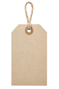 Blank brown cardboard price tag with a rustic jute twine loop isolated on a white background