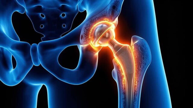 Medical illustration of a glowing orange titanium hip replacement implant firmly embedded into a deep blue pelvic bone and femur.