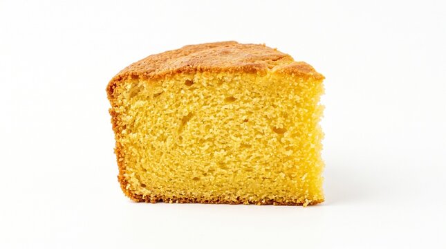 A single slice of golden yellow cornbread with a slightly browned crust on a white background