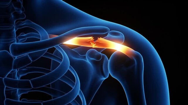 Medical illustration of a human shoulder joint featuring a glowing orange micro-tear in the supraspinatus tendon of the rotator cuff against blue bones.