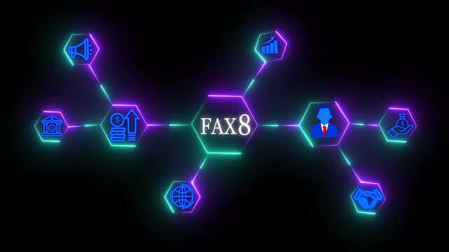 Business process management FAX 8 Business Taxation and Financial Management Concept with Neon Icons, Accounting, Growth, Digital Network Connection with Glowing Neon black background animation.