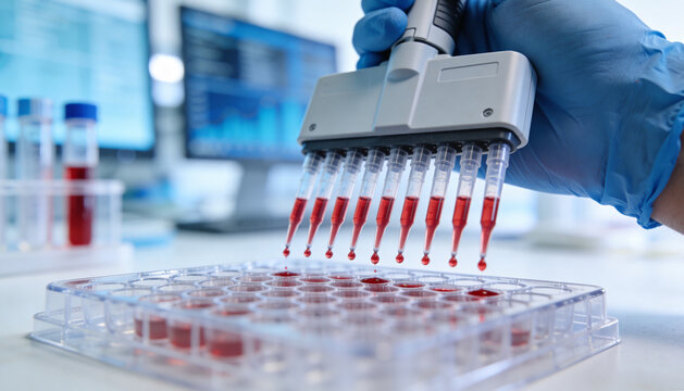 Automated pipette dispensing liquid samples into a microplate. Robotic liquid handling for biomedical research. High throughput screening and molecular biology. Laboratory automation
