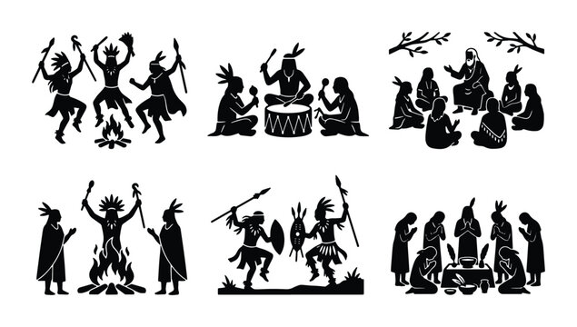 Indigenous People Rituals, Native American Ceremonies, Tribal Dance, Cultural Gathering Vector Set