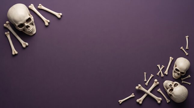 Human skulls and scattered bones arranged on a plain dark purple surface for seasonal decoration