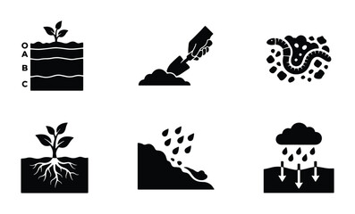 Fototapeta premium Soil Layers, Erosion, and Plant Growth Icons: Agriculture, Gardening, and Earth Science Concepts