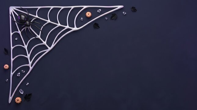 Modern luxury halloween concept with dark spider web and small pumpkins on a deep navy surface