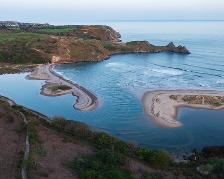 Aerial view of three Cliffs Bay on the gower peninsula