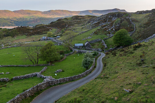 Stone Walls and winding road in the welsh countryside
