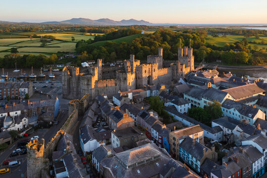 Aerial view of Caernarfon Castle and the walled city in gwynedd, Wales