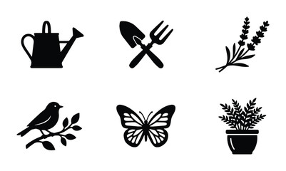 Fototapeta premium Garden Icons Set: Watering Can, Tools, Lavender, Bird, Butterfly, Potted Plant Vector Graphics