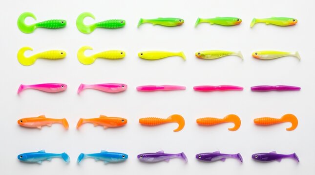 A collection of colorful fishing lures arranged in rows, showcasing various shapes and vibrant hues