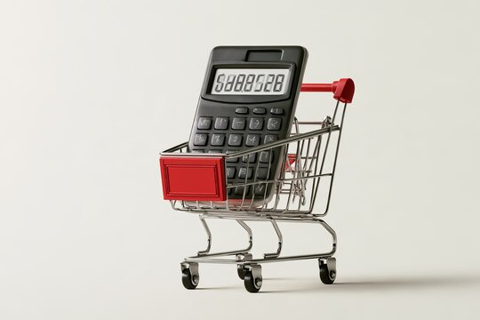 Shopping Cart Filled with Fresh Vegetables and Large Calculator on Handle Isolated on White Background Grocery Inflation Concept
