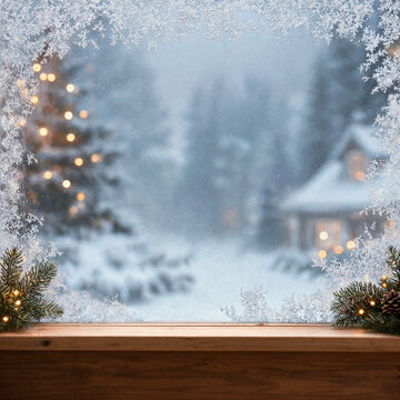 Generative AI cozy winter solstice window background with frosted glass texture and warm glowing Christmas trees outside, copy space.