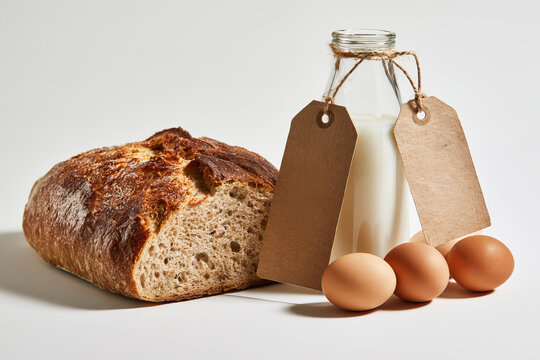 Fresh Loaf of Bread Milk Bottle and Eggs with Blank Kraft Paper Price Tags on White Background Grocery Food Inflation Concept