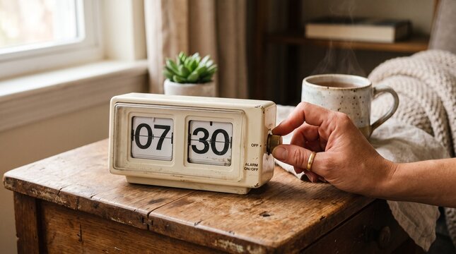 A person's hand adjusting a vintage flip clock, showing 07:30, on a rustic wooden table next to a cup of coffee and a small plant