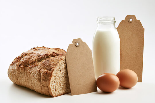 Fresh Loaf of Bread Milk Bottle and Eggs with Blank Kraft Paper Price Tags on White Background Grocery Food Inflation Concept