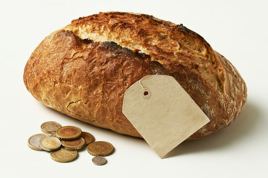 Fresh Loaf of Bread Milk Bottle and Eggs with Blank Kraft Paper Price Tags on White Background Grocery Food Inflation Concept