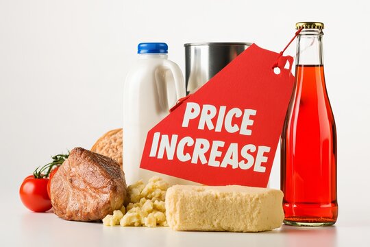 Fresh Loaf of Bread and Glass Jar of Rice with Red Price Increase Tag on White Background Grocery Food Inflation Concept