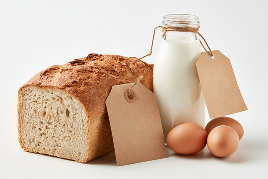 Fresh Loaf of Bread Milk Bottle and Eggs with Blank Kraft Paper Price Tags on White Background Grocery Food Inflation Concept