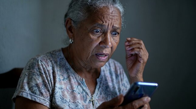 .Mulher idosa brasileira chocada e assustada lendo mensagem no celular no escuro. Conceito de golpe telef&ocirc;nico, fraude financeira e m&aacute;s not&iacute;cias
