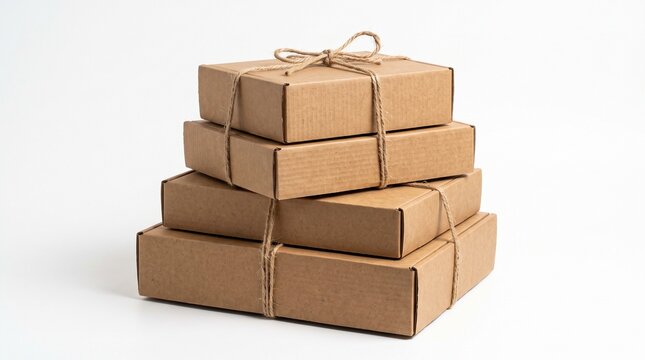 A stack of four rectangular cardboard boxes tied with twine on a plain background