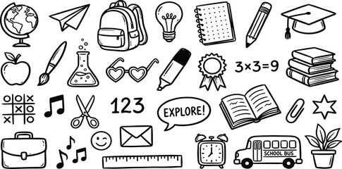 Back to school chalk doodles on blackboard with hand drawn education icons, books, science symbols, stationery and cute classroom elements in charcoal crayon vector style © MODA