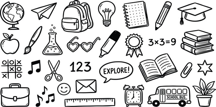 Back to school chalk doodles on blackboard with hand drawn education icons, books, science symbols, stationery and cute classroom elements in charcoal crayon vector style
