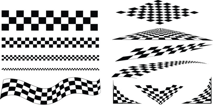 Black and white motorsport checker flag border set with seamless racing grid texture, finish line stripe, rally banner and speed pattern vector