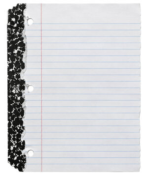 Torn sheet of lined notebook paper with a black and white speckled composition book spine edge