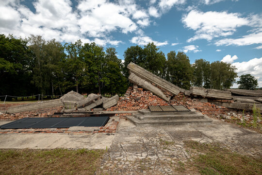 Oświęcim, Poland - July 20, 2026: Preserved ruins of a gas chamber and crematorium at the former Auschwitz II-Birkenau Nazi extermination camp.