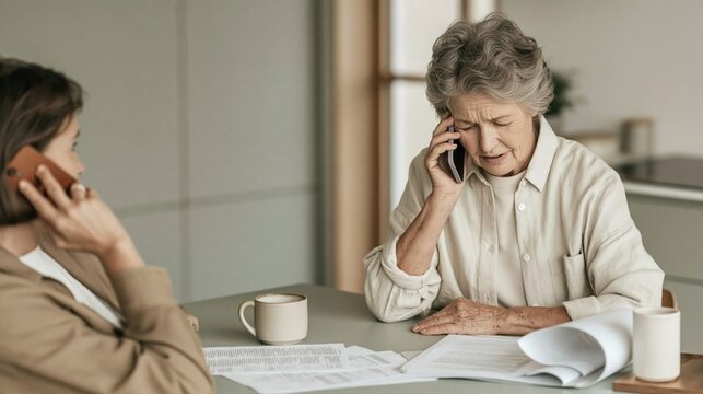 Elderly woman with a worried expression talks on the phone while reviewing paperwork at a kitchen table, for elder fraud and financial safety