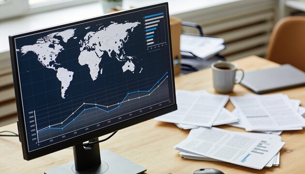 Computer screen displaying global business analytics and financial charts on an office desk, analyzing market growth and corporate strategy with report documents.