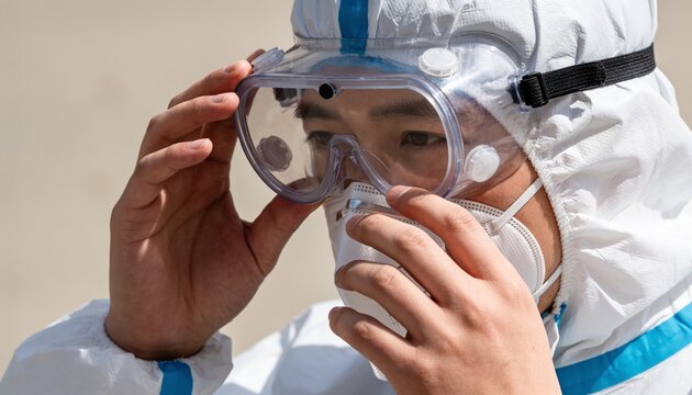 Asian male healthcare worker wearing protective hazmat suit, adjusting safety goggles and respirator mask outdoors during epidemic control and virus prevention