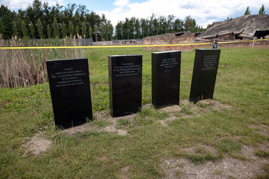 Oświęcim, Poland - July 20, 2026: International Monument to the Victims of Fascism and commemorative features at the Auschwitz II-Birkenau memorial site.