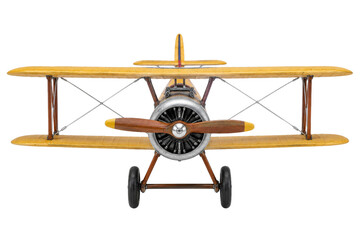 Front view of a vintage yellow biplane model isolated on a clean white studio background © Ophelia