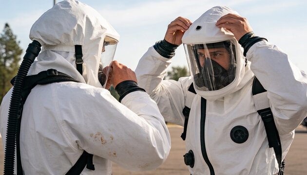 Emergency response team members putting on hazmat suits and respirators outdoors, preparing for chemical biological hazard inspection and safety protocol
