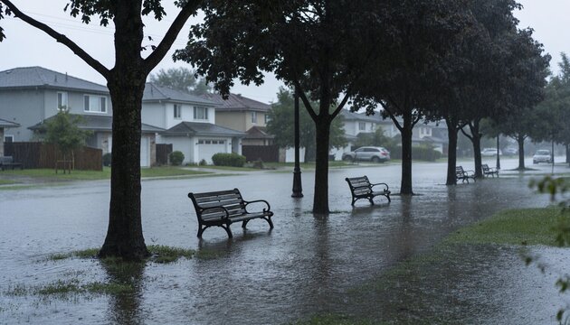 Flooded suburban street and sidewalk with submerged park benches during heavy rainfall, showing storm damage and urban drainage overflow in a residential neighborhood