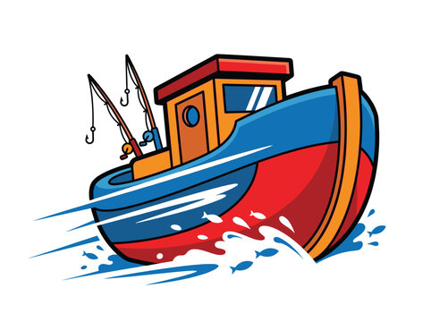 Fishing boat vector illustration, cute cartoon trawler with fishing rods sailing fast on ocean waves