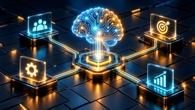 Glowing digital brain hovering over a processor connected to business icons representing centralized artificial intelligence managing corporate workflow infrastructure