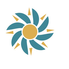Fototapeta premium Abstract sun logo with teal petals and yellow triangles