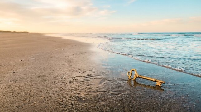 Vintage brass key abandoned on wet sandy beach shoreline under morning sunlight for concept of discovery and unlocking potential.
