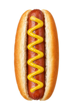 Classic grilled hot dog in a soft white bun topped with a zigzag of yellow mustard on white